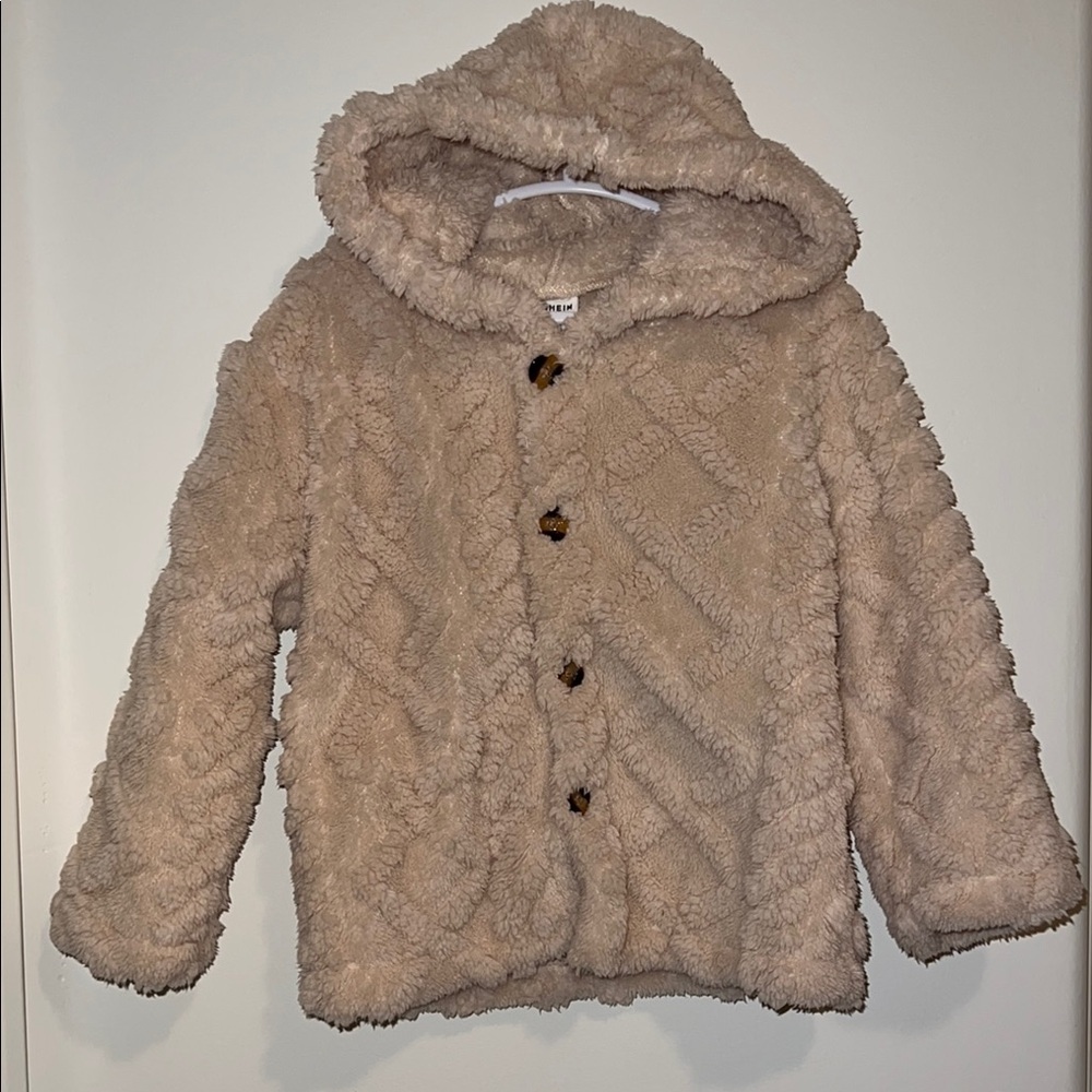 SHEIN Kids Tan Fluffy Jacket with Cozy Hood
